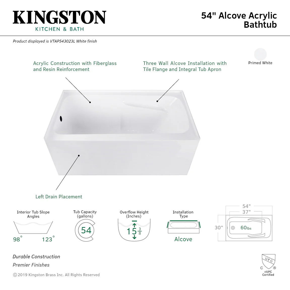 Aqua Eden VTAP543023R 54 x 30 x 22 Acrylic Alcove Bathtub w/Arm Rest - Image 3