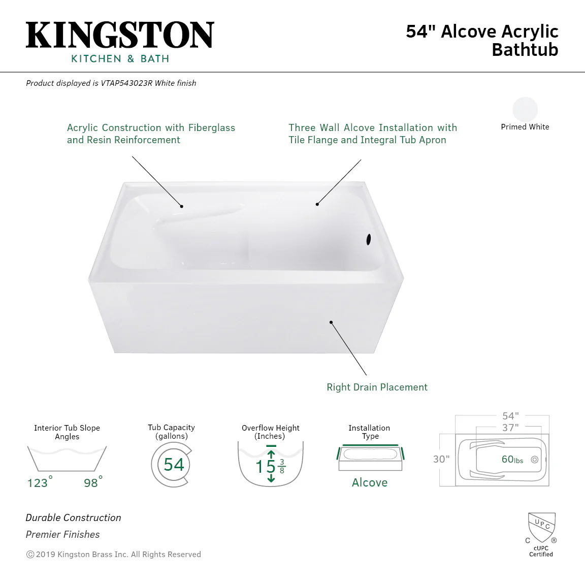 Aqua Eden VTAP543023R 54 x 30 x 22 Acrylic Alcove Bathtub w/Arm Rest - Image 4