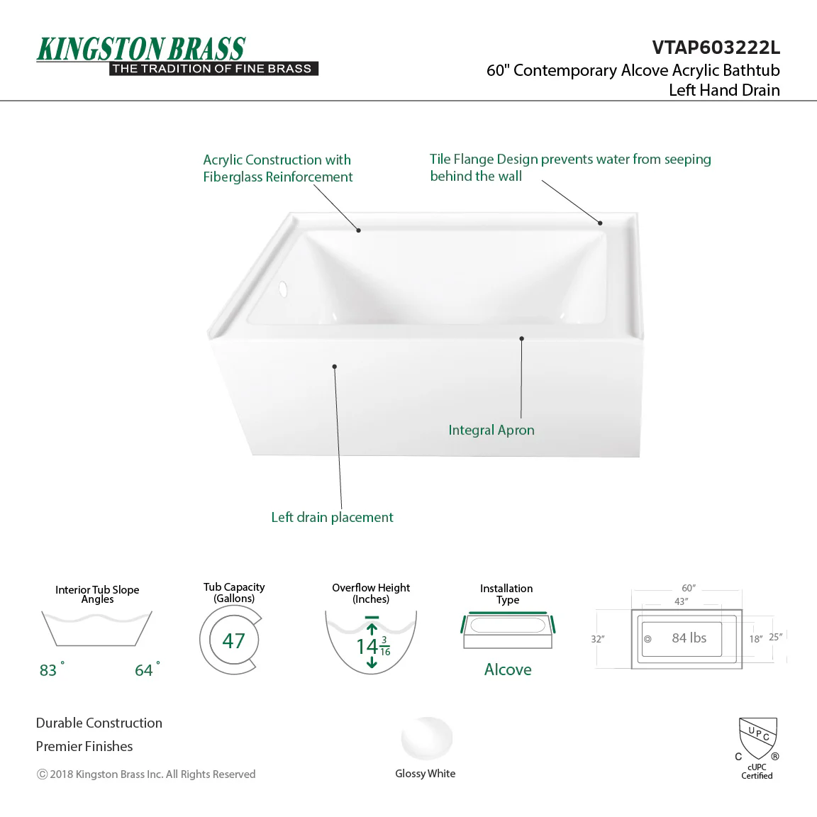 Aqua Eden VTAP603222L Alcove Bath Tub (L)60"x (W)32" x (H)21-5/8" - Image 12