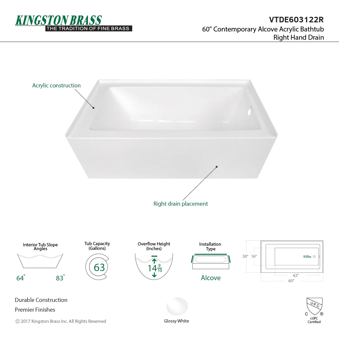 Aqua Eden VTDE603122X-P 60-INCH Acrylic Regular Alcove Tub - Image 6